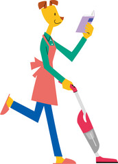 擬人化された犬（女性）が本を読みながら楽しそうに掃除機をかけています