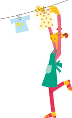 擬人化された犬（女性）がエプロン姿で子供の洗濯物を干しています