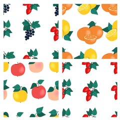 Set of fruit seamless patterns. Oranges, black currants, dog rose, lemons, apples, fruit prints. Vector illustration.