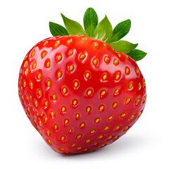 Strawberry isolated. Whole strawberry with leaf on white background. Perfect retouched berry with clipping path.  Full depth of field.