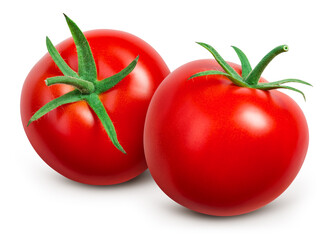 Tomato isolated. Tomatoes on white background. Two tomatoes side view. With clipping path. Full depth of field.