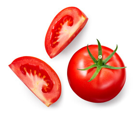 Tomato top view on white background. Tomato whole and slices isolated. Set of tomatoes with...