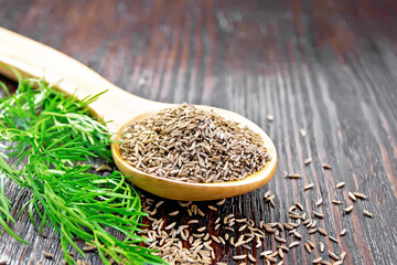 Cumin seeds in spoon with herbs on wooden table