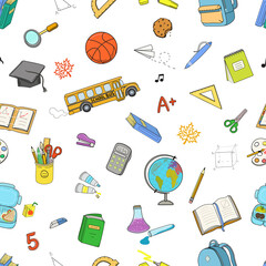 School objects and supplies seamless pattern. Back to school hand drawn elements. Vector illustration 