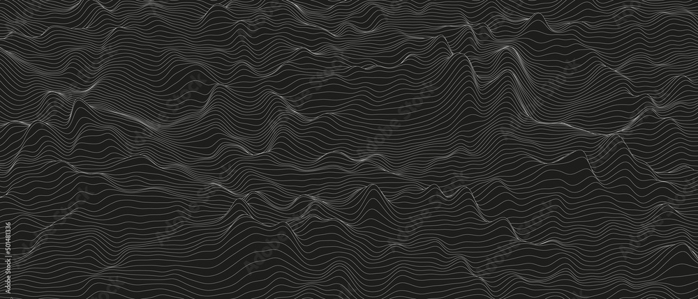 Poster abstract background with distorted line shapes on a black background. monochrome sound line waves.