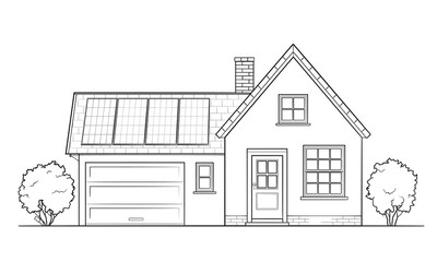 Classic family house with solar panel - stock outline illustration of a building