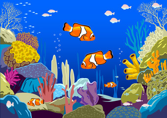 Detailed vector illustration of an underwater coral reef with fishes, algae and colorful corals in the background. Handmade vector template.