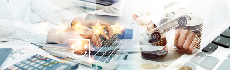 Customer service evaluation concept. smiling Asian female Is using a smartphone And she is smiling in satisfaction. Give five star