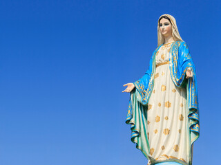 The blessed holy women Lady of Lourdes, grace virgin mother mary roman catholic statue figure. Church steadily religious pilgrimage mother Jesus. devotion our Lady of Marian Miracles. with copy space.