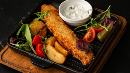 One piece of baked salmon grilled lemon and salt on a dark plate with potatoes. marble background