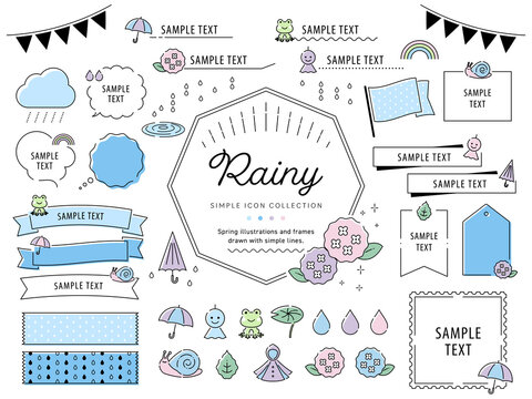 梅雨のあじさいとシンプルな線画フレームイラストセット 雨 初夏 紫陽花 傘 あしらい デザイン ベクター Stock ベクター Adobe Stock