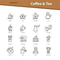 Coffee and tea vector linear icons set. Isolated outline hot beverages pictograms