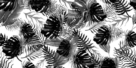 Tropic Cover. Gray Background Palms. Monochrome Tropical Jungle Background. Botanical Wallpaper. Watercolor Tropical Set. Smoke Palm Leaf Background. Background Palms. - Powered by Adobe