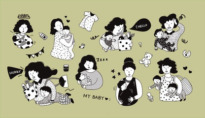 busy mother with baby illustration set Doodle vector illustration