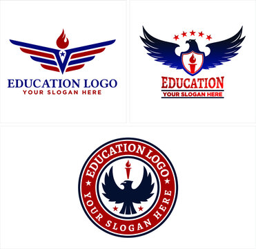 A set of education line art logo design with symbol eagle torch and star vector illustration