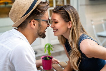 Portrait of happy couple having date and fun on vacation. People travel love happiness concept.