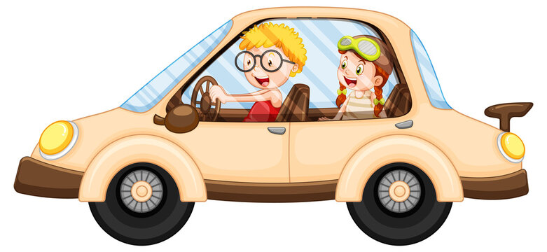 Cartoon kids in a car isolated