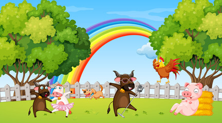 Park scene with many animals