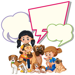 Speech bubble template with girls and pets