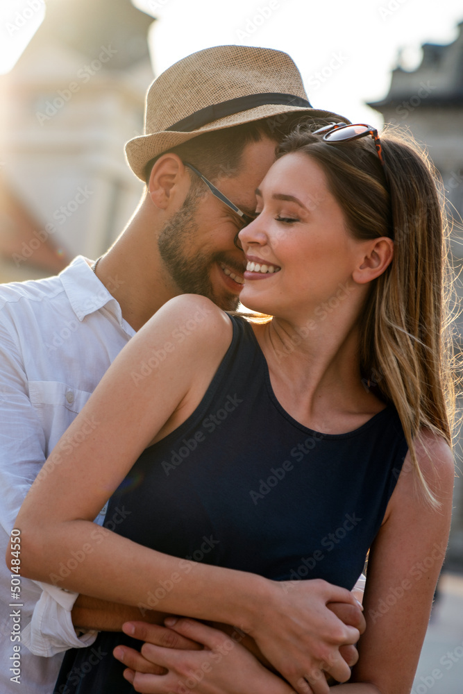 Canvas Prints Portrait of happy couple having date and fun on vacation. People travel happiness concept.