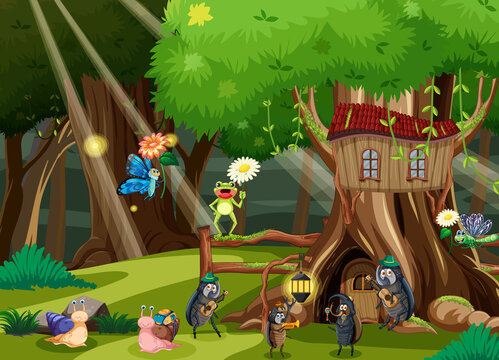 Fantasy forest with cartoon insects