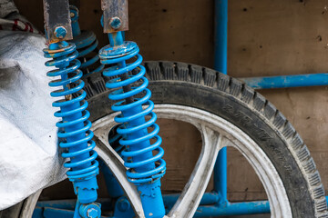 Bangkok, Thailand - April, 18, 2022 : Closeup of springs, shock absorbers motorcycle at Bangkok, Thailand.