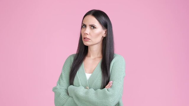 Lady astonished horrible message isolated pastel color background