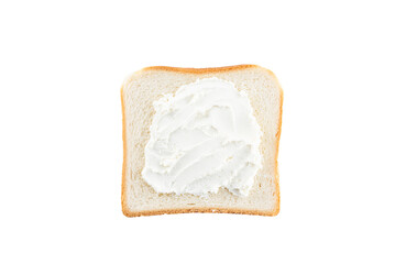 Toast bread spread with cream cheese in plate isolated on white, top view.