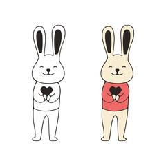 Funny rabbit with heart symbol doodle icon. Cute pets vector art on white background.