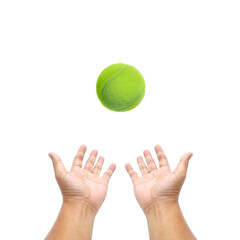 Hand holding tennis ball on white background