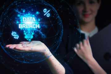 Business, Technology, Internet and network concept. Young businessman working on a virtual screen of the future and sees the inscription: Data breach