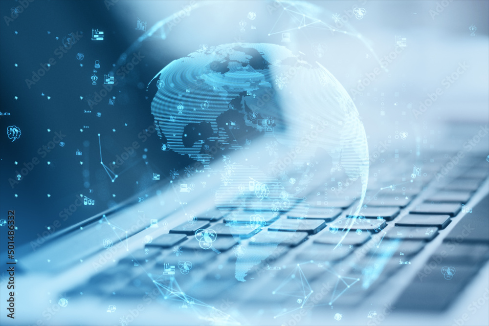 Poster close up of laptop with glowing polygonal globe and social icons on blurry background. connect and d