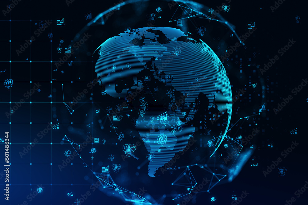 Poster Glowing polygonal globe with social icons on blurry backdrop. Connect and data concept. 3D Rendering.
