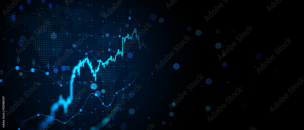 Wall mural growing forex chart and dot map on wide dark blue background with mock up place. investment, stock m - Wall murals