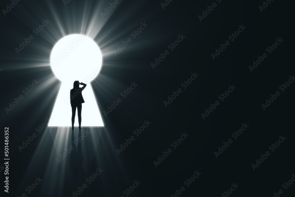 Poster backlit businesswoman standing in bright keyhole opening on dark background with mock up place and l