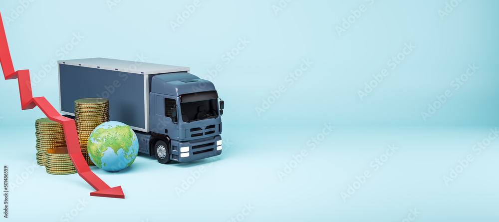 Poster creative image with transportation truck, falling arrow, globe and stacked coins on blue background 