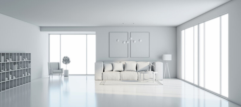 Sunny all-white modern room interior design with cozy sofa, glossy concrete floor, book shelf, armchair and big windows. 3D rendering