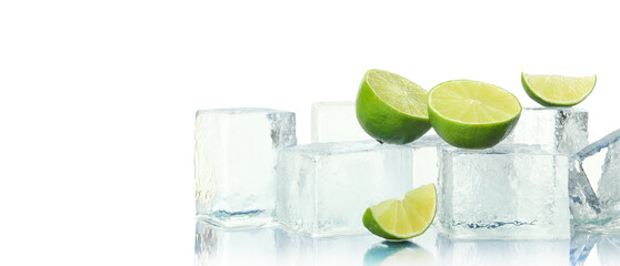 Ice and lime isolated on white background