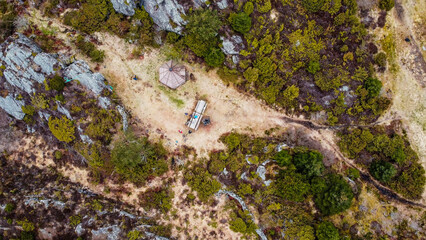 Aerial view of cliffs and meadow of Norway, Telavog. Panoramic view of the rocks and camping near the mountains. Aerial view.