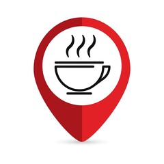 Red pin location with coffee or tea cup icon inside. Vector illustration.