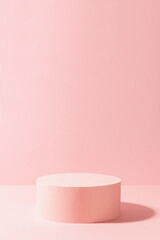 Fashion pastel pink stage with one round podium mockup in sunlight with shadow, copy space,...
