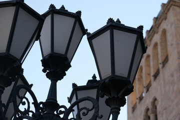 Low angle shot of old fashioned street lanterns