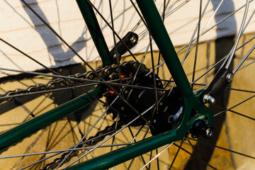 close up hub and spokes of fixed gear bike, old vintage bicycle