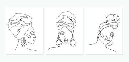 Set of Line art portrait African American women. Portrait of a woman. - Vector illustration