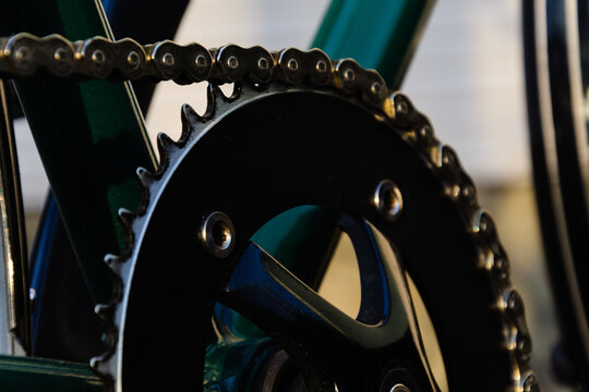 close up gear and chain of fixed gear bike, old vintage bicycle