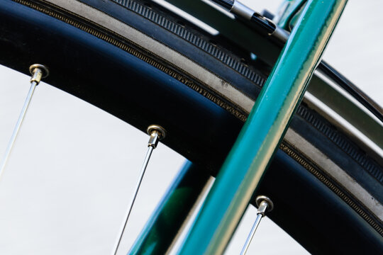 close up rim of fixed gear bike, old vintage bicycle