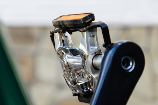 close up pedal and crank of fixed gear bike, old vintage bicycle