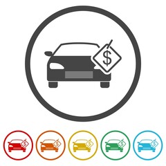 Obraz premium Brand new car with dollar price tag icon. Set icons colorful