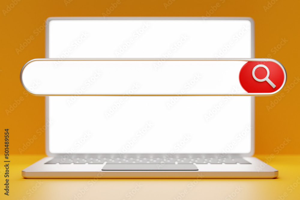 Poster 3d illustration of a laptop with an open browser tab on the screen. internet search using smartphone