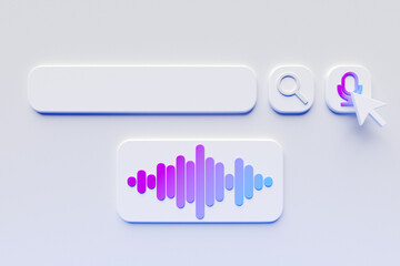 3D illustration, search bar elements design. Search bar with magnifying glass and microphone icon for audio search. Template search user interface.